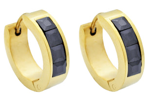 Mens 17mm Gold Plated Stainless Steel Hoop Earrings With Black Cubic Zirconia - Blackjack Jewelry