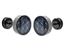 Load image into Gallery viewer, Mens 9mm Black Plated Stainless Steel Earrings With Blue Carbon Fiber - Blackjack Jewelry
