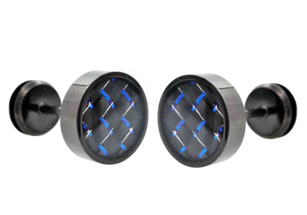 Mens 9mm Black Plated Stainless Steel Earrings With Blue Carbon Fiber - Blackjack Jewelry