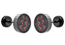 Load image into Gallery viewer, Mens 9mm Black Plated Stainless Steel Earrings With Red Carbon Fiber - Blackjack Jewelry
