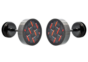 Mens 9mm Black Plated Stainless Steel Earrings With Red Carbon Fiber - Blackjack Jewelry