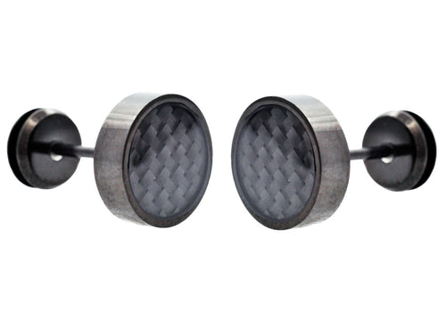 Mens 9mm Black Plated Stainless Steel Earrings With Black Carbon Fiber - Blackjack Jewelry