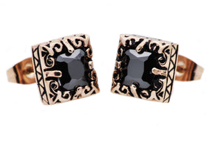 Mens 10mm Rose Stainless Steel Stud Earrings With Black Cubic Zirconia - Blackjack Jewelry