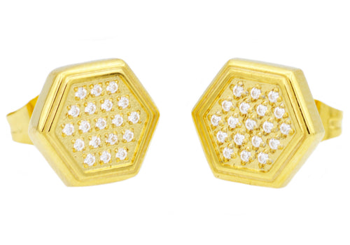 Mens Gold Stainless Steel Earrings With Cubic Zirconia - Blackjack Jewelry