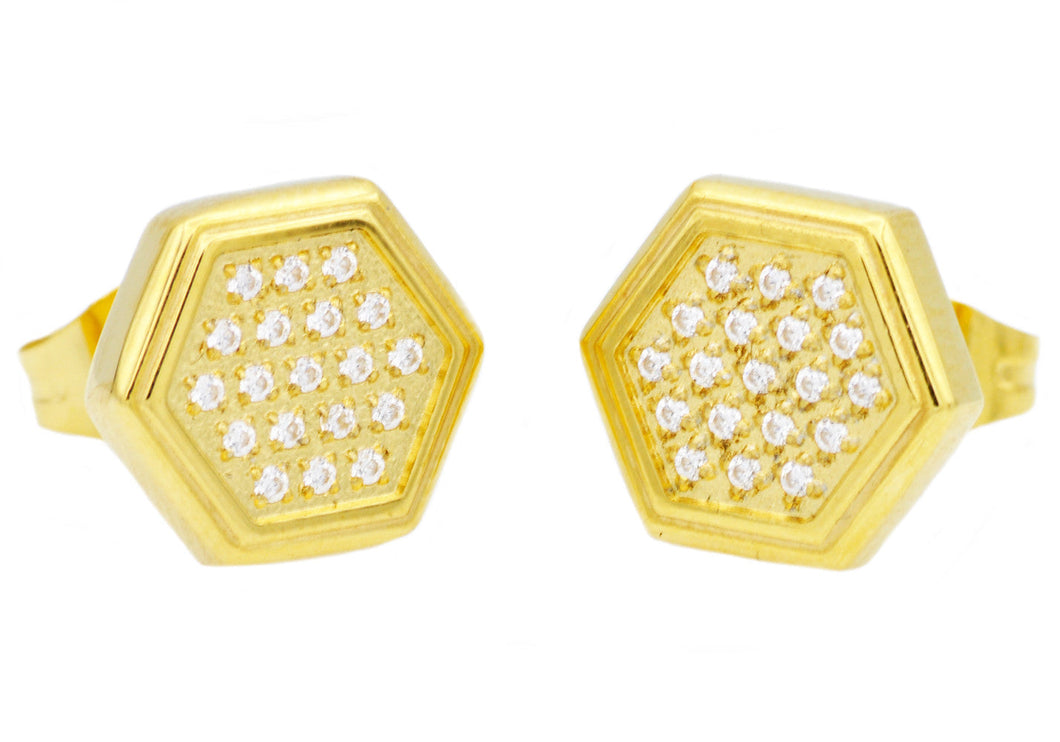 Mens Gold Stainless Steel Earrings With Cubic Zirconia - Blackjack Jewelry