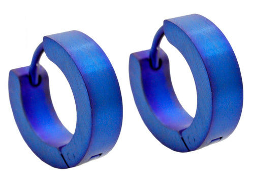 Mens 14mm Blue Plated Stainless Steel Hoop Earrings - Blackjack Jewelry