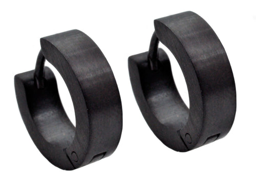 Mens 14mm Black Plated Stainless Steel Hoop Earrings - Blackjack Jewelry