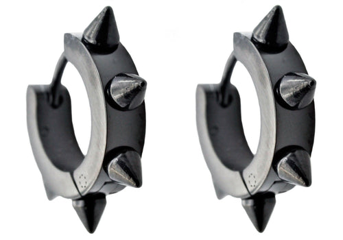 Mens 20mm Black Stainless Steel Spike Hoop Earrings - Blackjack Jewelry