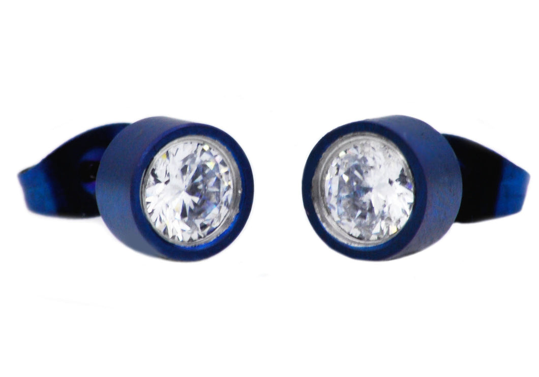 Mens 6mm Blue Plated Stainless Steel Stud Earrings With Cubic Zirconia - Blackjack Jewelry