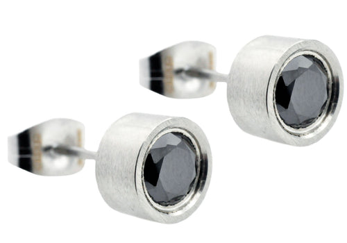 Mens 6mm Stainless Steel Stud Earrings With Black Cubic Zirconia - Blackjack Jewelry