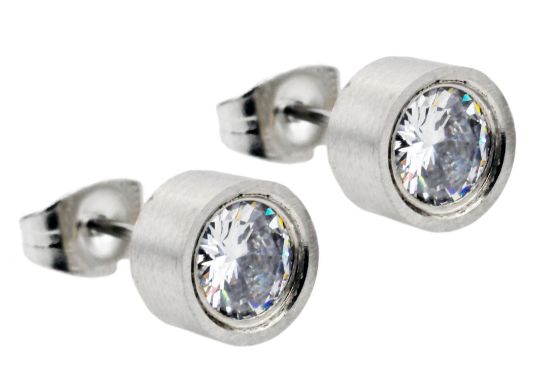 Mens 6mm Stainless Steel Stud Earrings With Cubic Zirconia - Blackjack Jewelry