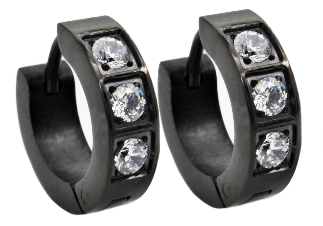 Mens 14mm Black Plated Stainless Steel Hoop Earrings With Cubic Zirconia - Blackjack Jewelry