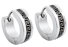 Load image into Gallery viewer, Mens 14mm Black And Stainless Steel Greek Key Hoop Earrings - Blackjack Jewelry
