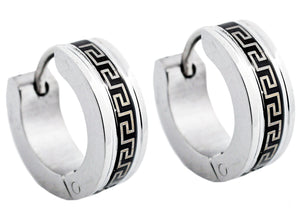 Mens 14mm Black And Stainless Steel Greek Key Hoop Earrings - Blackjack Jewelry