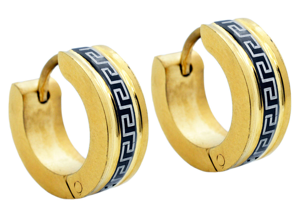 Mens 14mm Gold And Black Stainless Steel Greek Key Hoop Earrings - Blackjack Jewelry