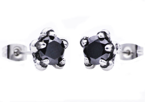 Mens 10mm Stainless Steel Claw Stud Earring With Black Cubic Zirconia - Blackjack Jewelry