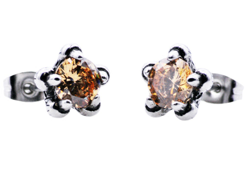 Mens 10mm Stainless Steel Claw Stud Earrings With Champagne Cubic Zirconia - Blackjack Jewelry