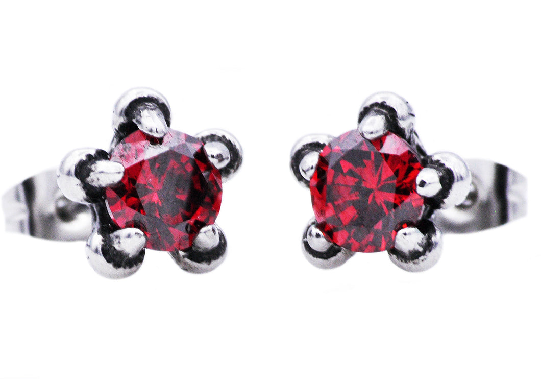 Mens 11mm Stainless Steel Claw Earrings With Red Cubic Zirconia - Blackjack Jewelry