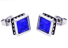 Load image into Gallery viewer, Mens 13mm Stainless Steel Stud Earrings With Blue Cubic Zirconia - Blackjack Jewelry
