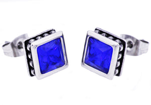 Mens 13mm Stainless Steel Stud Earrings With Blue Cubic Zirconia - Blackjack Jewelry