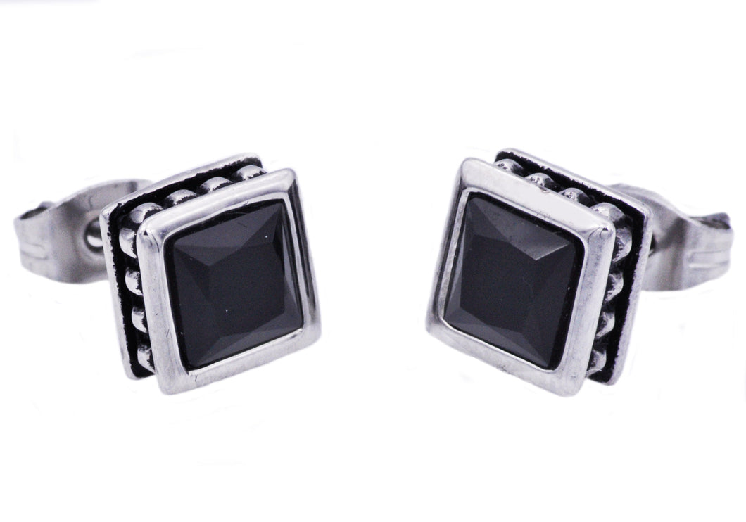 Mens 13mm Stainless Steel Stud Earrings With Black Cubic Zirconia - Blackjack Jewelry