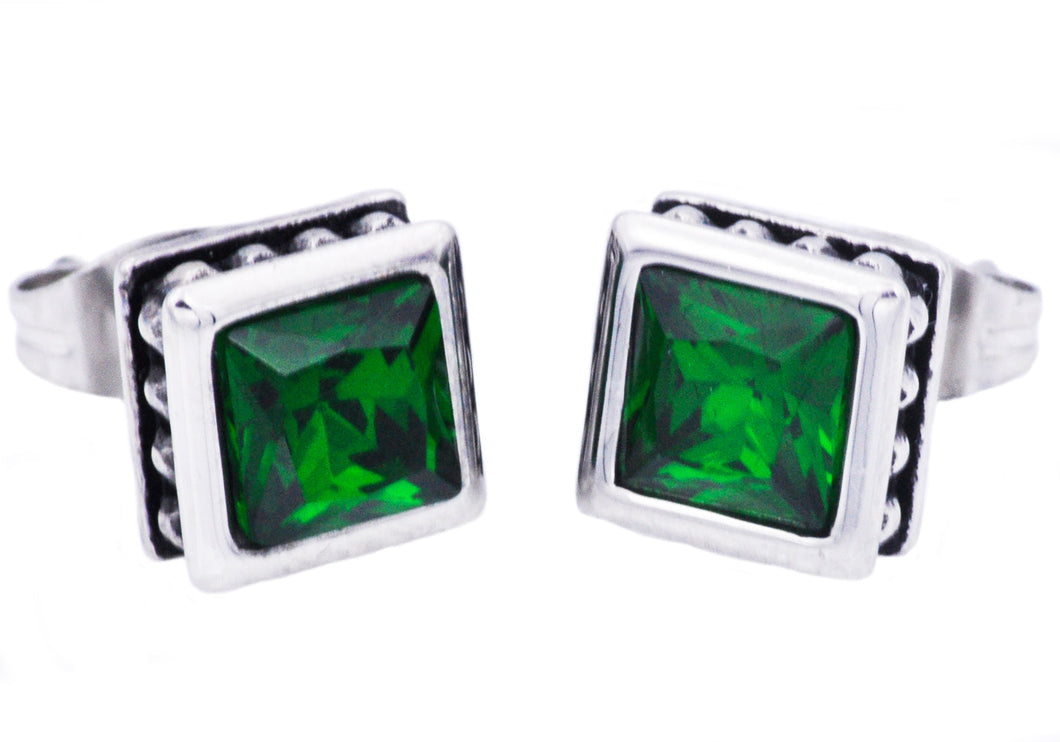 Mens 13mm Stainless Steel Stud Earrings With Green Cubic Zirconia - Blackjack Jewelry