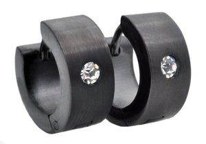 Mens 14mm Black Plated Stainless Steel Hoop Earrings With Cubic Zirconia - Blackjack Jewelry