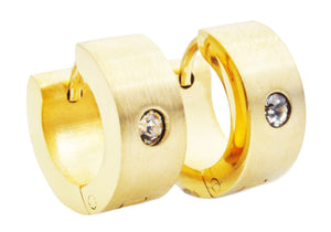 Mens 14mm Gold Plated Stainless Steel Hoop Earrings With Cubic Zirconia - Blackjack Jewelry