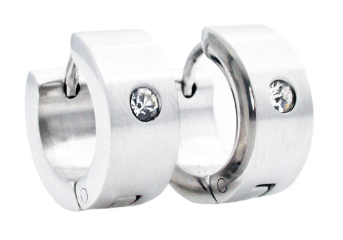 Mens 14mm Stainless Steel Hoop Earrings With Cubic Zirconia - Blackjack Jewelry