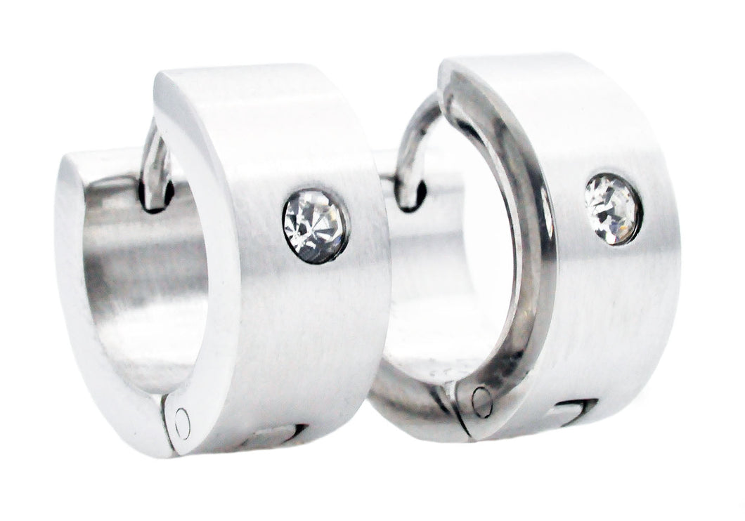 Mens 14mm Stainless Steel Hoop Earrings With Cubic Zirconia - Blackjack Jewelry