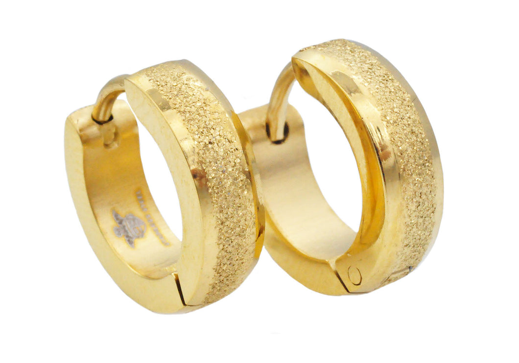 Mens 14mm Gold Plated Sandblasted Stainless Steel Hoop Earrings - Blackjack Jewelry