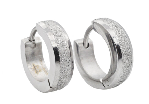 Mens 14mm Sandblasted Stainless Steel Hoop Earrings - Blackjack Jewelry