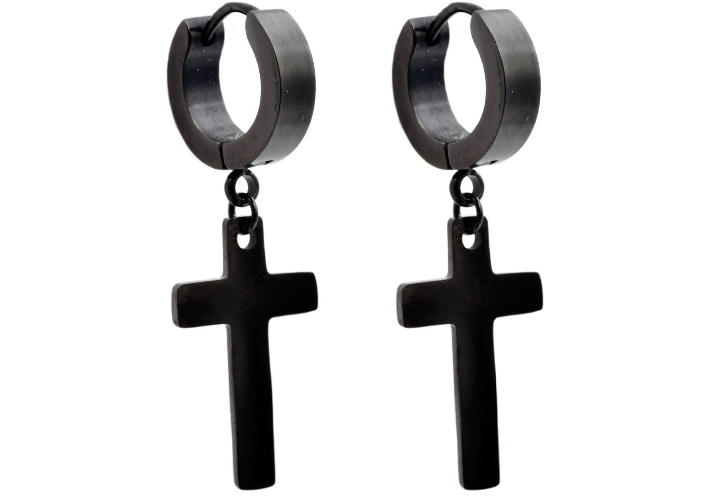 1-1/4 Black Upside Down Cross Anodized Steel Earrings.