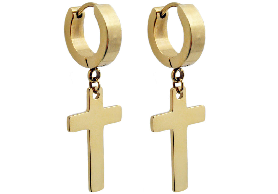 Mens Gold Stainless Steel Hoop Cross Earrings - Blackjack Jewelry