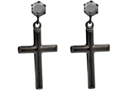 Mens Black Stainless Steel Cross Earrings Studs With Black Cubic Zirconia - Blackjack Jewelry