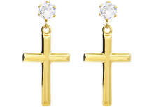 Load image into Gallery viewer, Mens Gold Stainless Steel Cross Earrings With Cubic Zirconia - Blackjack Jewelry
