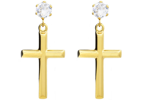 Mens Gold Stainless Steel Cross Earrings With Cubic Zirconia - Blackjack Jewelry
