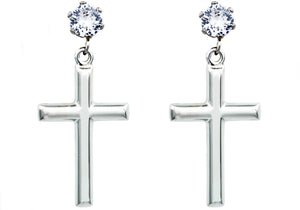 Mens Polished Stainless Steel Cross Earrings with Cubic Zirconia - Blackjack Jewelry