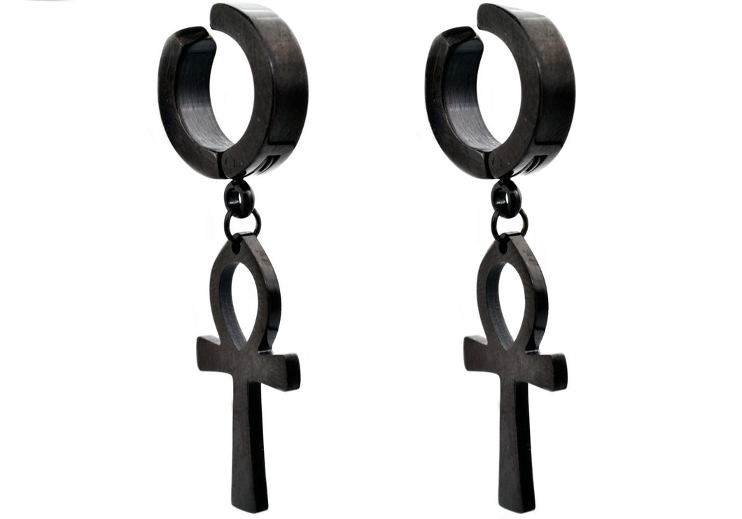 Mens Black Stainless Steel Clip On Ankh Cross Earrings - Blackjack Jewelry