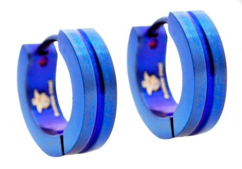 Mens 14mm Blue Plated Stainless Steel Divoted Hoop Earrings - Blackjack Jewelry
