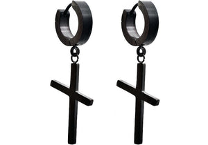 Mens Black Stainless Steel Hoop Cross Earrings