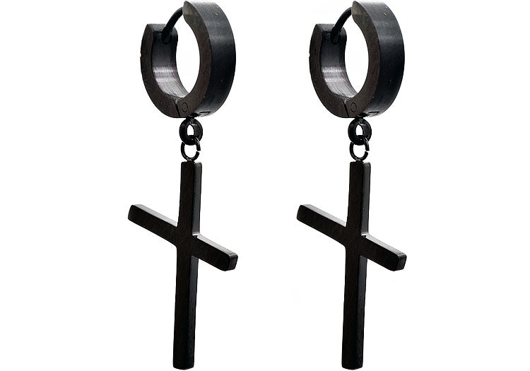 Mens Black Stainless Steel Hoop Cross Earrings