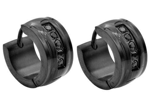 Mens 13mm Black Stainless Steel Hoop Earrings With Cubic Zirconia - Blackjack Jewelry