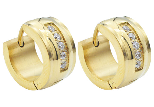 Mens 13mm Gold Plated Stainless Steel Hoop Earrings With Cubic Zirconia - Blackjack Jewelry