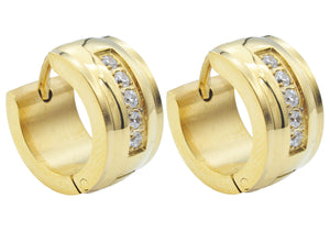 Mens 13mm Gold Plated Stainless Steel Hoop Earrings With Cubic Zirconia - Blackjack Jewelry