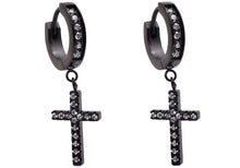 Load image into Gallery viewer, Mens Black Plated Stainless Steel Hoop Cross Earrings With Cubic Zirconia - Blackjack Jewelry
