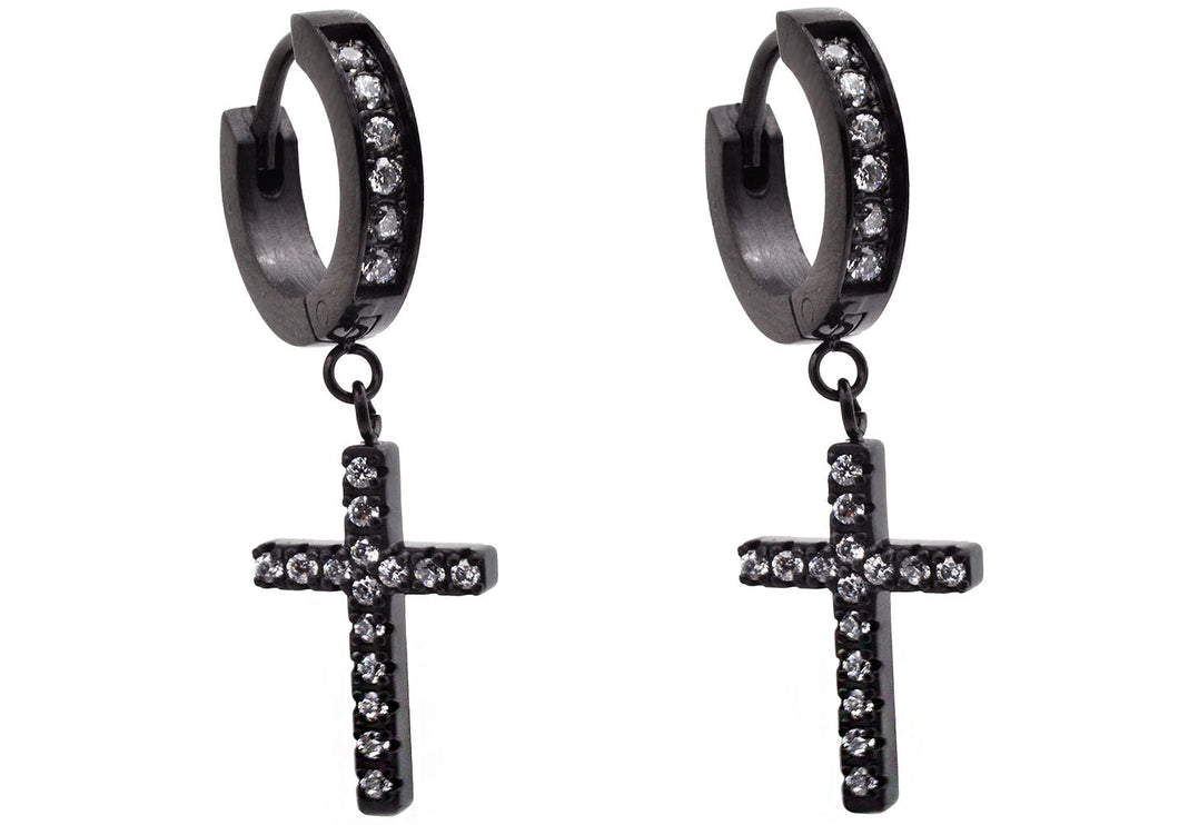 Men's Black Stainless Steel Hoop Cross Earrings With Cubic Zirconia