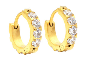 Mens Gold Plated Stainless Steel Hoop Earrings With Cubic Zirconia - Blackjack Jewelry