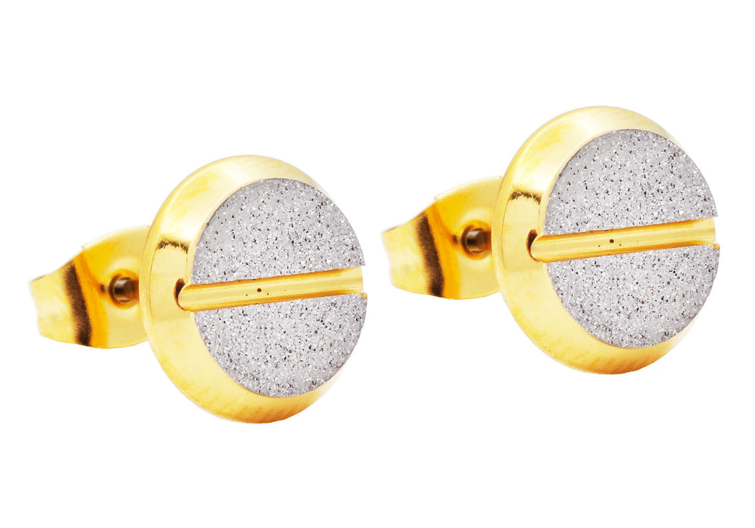 Mens 10mm Gold Plated Sand Blasted Stainless Steel Earrings - Blackjack Jewelry