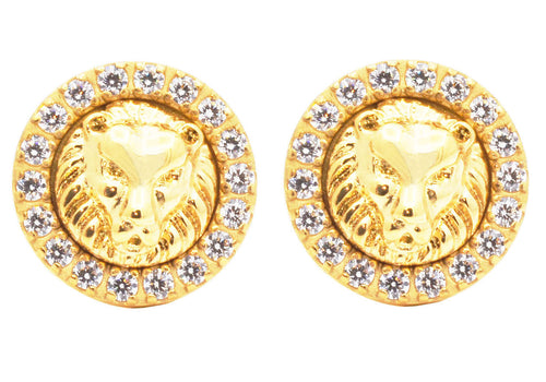 Mens Lion's Head Gold Stainless Steel Earrings With Cubic Zirconia - Blackjack Jewelry